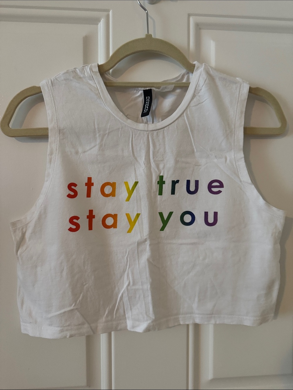 Pride White Cropped Tank with Rainbow 'stay true stay you' Print